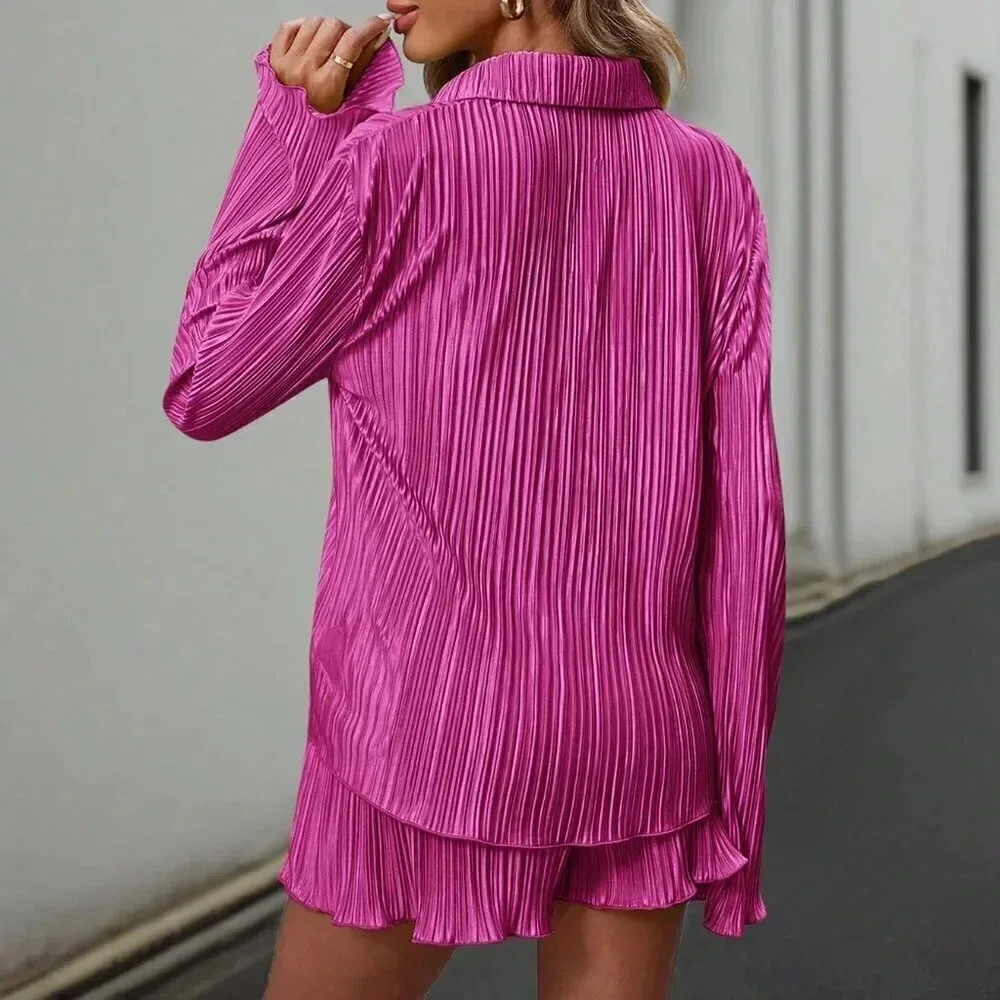 Hot Pink Casual Women's Solid Color Plisse Shirt And Shorts Set - Picture 2 of 5